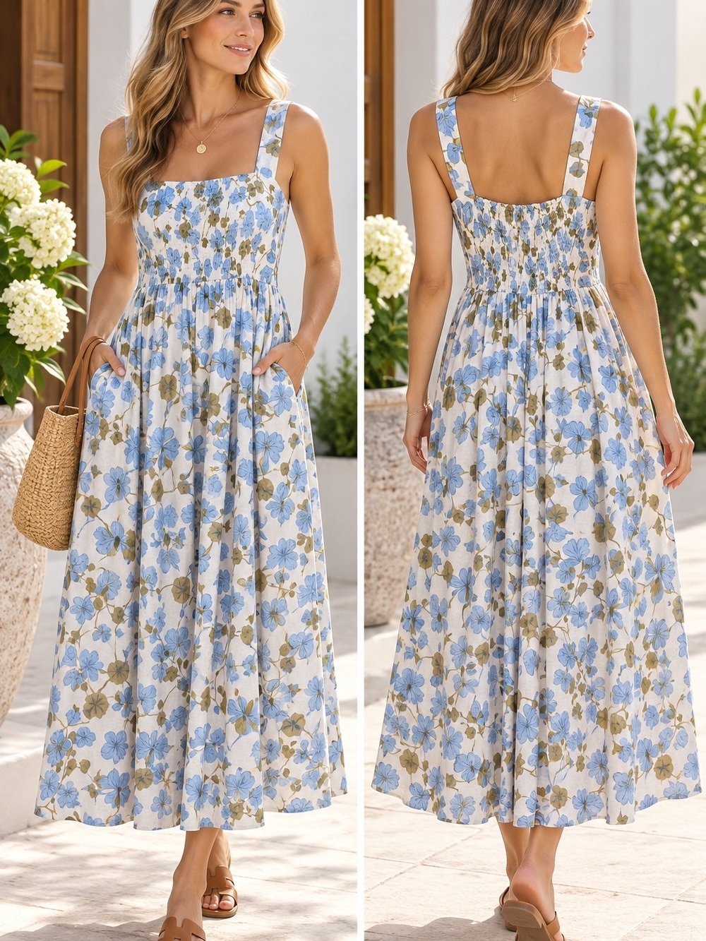Joie Linen Blend Midi Dress Sz14 White/Blue/Green Floral Square Neck Cottageco